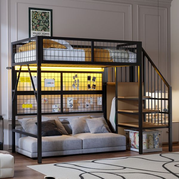 Hochbett 90x200 cm aus Metall mit Treppe, Stauraum, LED-Lichtband und Rausfallschutz in Schwarz, ohne Matratze