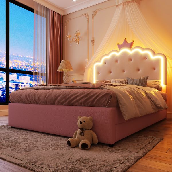 Polsterbett 140x200 cm mit Ausziehbett, LED-Ambiente und 2 Schubladen, PU, Rosa