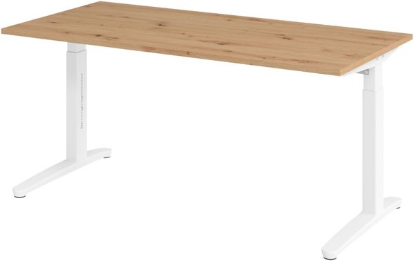 bümö manuell höhenverstellbarer Schreibtisch 160x80 in Asteiche, Gestell in weiß - PC Tisch höhenverstellbar & groß, höhenverstellbarer Tisch Büro, großer Computertisch verstellbar, X16-R-WW