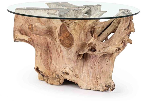 Couchtisch Lindosa aus Teakholz und Glas, rundes Design, massiv, natur, Unikat