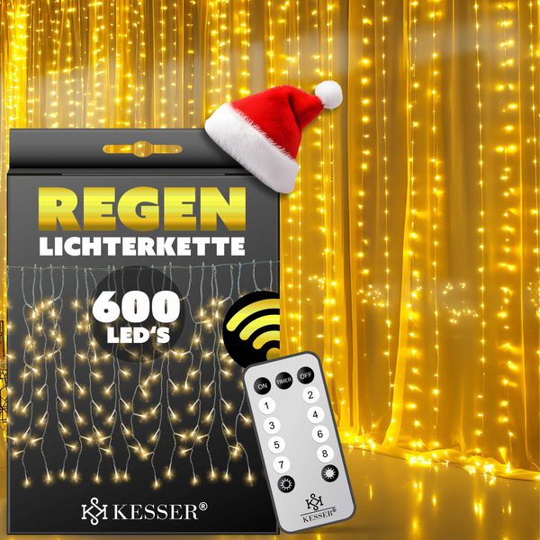 KESSER® LED Lichterkette inkl. Fernbedienung mit 8 Modi & Timer, Lichtervorhang mit mini LED´s Warmweiß, 600 LED's