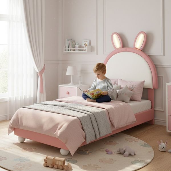 Polsterbett, Einzelbett, Kopfteil in Hasenform, Mit LED-Lichtleiste, Weiche Antikollisions-Schwammkante, Stabiler Bettrahmen, PU + Sperrholz, Rosa+Weiß, 90x200cm