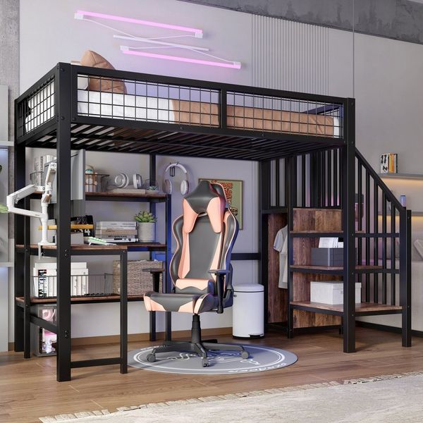REDOM Kinderbett Funktionsbett Hochbett Metallbett Gästebett Jugendbett Eisenbett (aus Eisen mit Schreibtisch und Einbauschrank – ideal für Kinderzimmer und Studenten, platzsparendes Loft-Design, 90x200cm), ohne Matratze