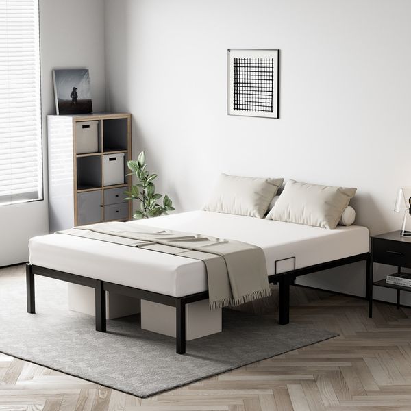 HOMAVO Metallbettgestell 140x200 cm, minimalistisches Bettgestell, rutschfestes schraubenloses Design, schwarz