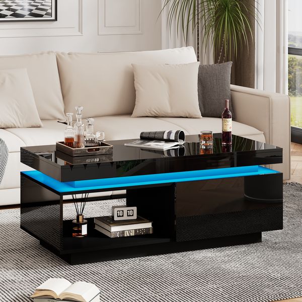 Couchtisch 100x50x40,3 cm mit LED-Beleuchtung und Schublade in Hochglanz-Schwarz