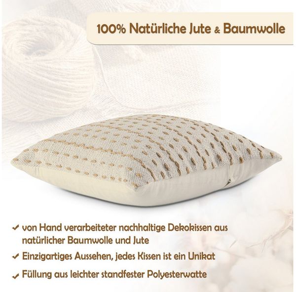 Amagohome Dekokissen Dekokissen 40x40cm Set 2 Sofakissen Zierkissen Baumwolle u. Jute natur