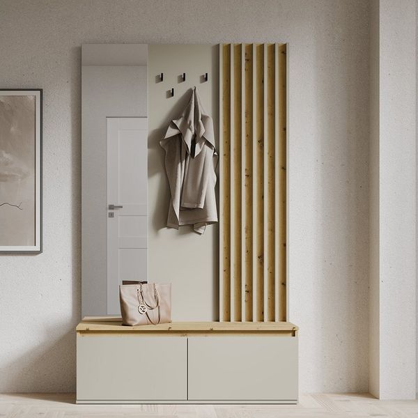 Lomadox Garderobe DAVIS-166, Eiche Dekor Kaschmir Lamellen 120 cm Spiegel Paneel Schuhbank