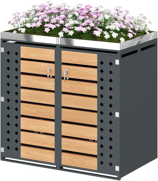 Mülltonnenbox , horizontale Holzmaserungspaneele, trash storage compartments,Abschließbar, Zwei Türen,Pflanzfläche,Diamantförmiges Hohltürpaneel