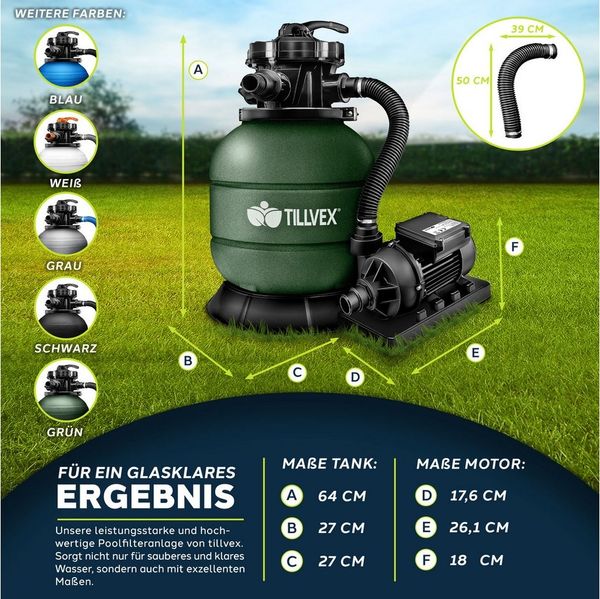 tillvex Sandfilteranlage Sandfilteranlage 7.900L/h + 400g Filterbällen (Set, + Pumpe Filteranlage 7-Wege Ventil & 2in1 Adapter Ø32mm - 38mm), Poolfilter mit Druckanzeige Sandfilter Schwimmbecken