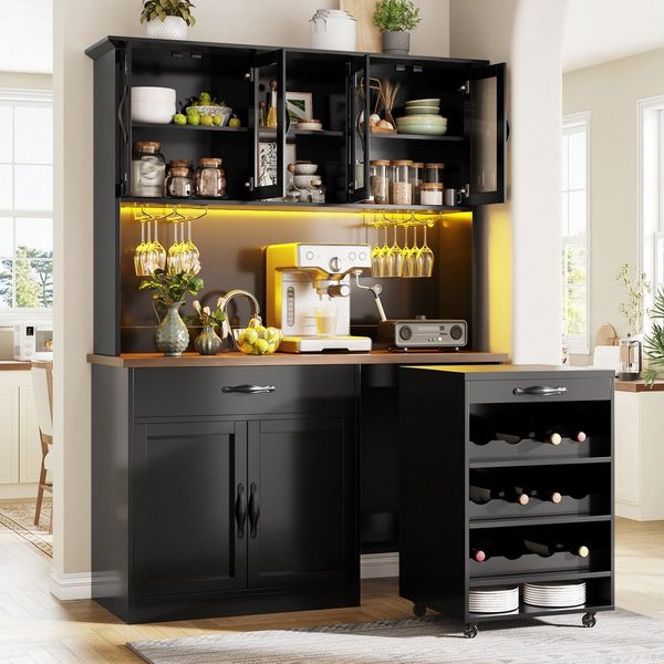 Flieks Küchenbuffet mit Rollwagen, LED-Beleuchtung und Arbeitsplatte in Holzoptik (1-St, B140/T38/H180 cm) Hochschrank Küchenschrank mit Glastüren, Schubladen und Weinregal