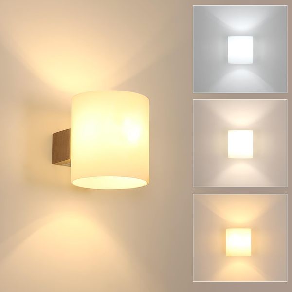 Toolight Wandleuchte Innen Holz, 12W E27 Wandlampe Holz mit Dreifarben-Glühbirne, Modern Industrial Glas Wandbeleuchtung Innen für Schlafzimmer Treppe Flur Wohnzimmer, 3000K/4500K/6500K