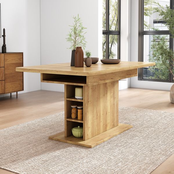 Ausziehbarer Esstisch B 110/130 x T 70 x H 75 cm, mit Stauraum, Spanplatte und Metall, Natur