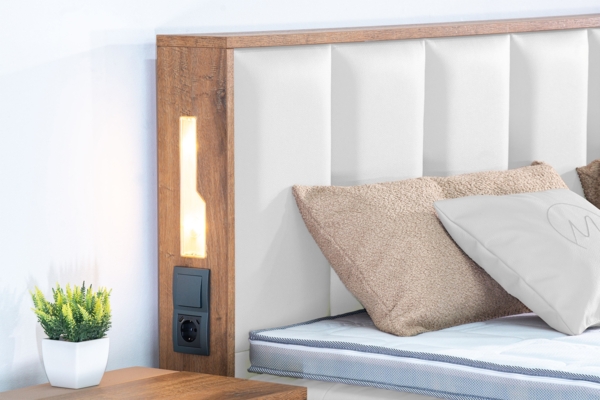Meisterbetten Boxspringbett Sely mit Holzdekor Eiche Cognac 160x200 in LM-Weiß, Matratzenbezug Nano, Midisoft-Topper Bild 5