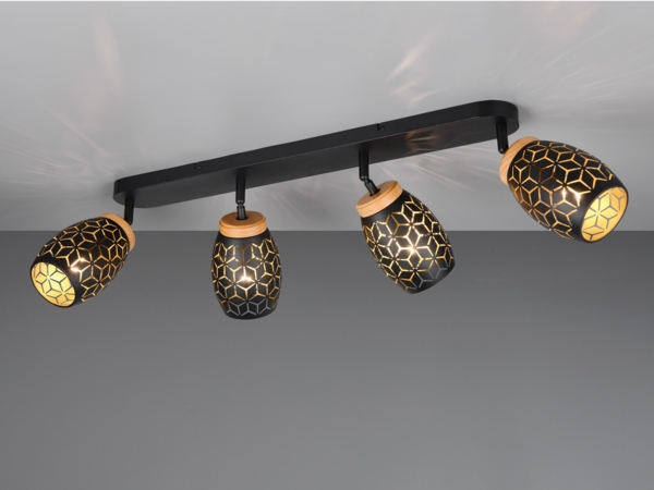 LED Deckenstrahler Schwarz Gold 4-flammig mit Stanzmuster, Breite 74cm