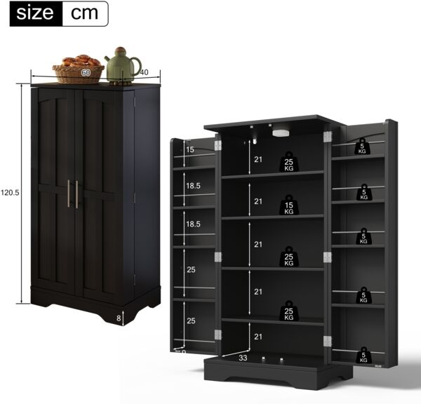 Hochschrank 60 x 40 x 120 cm aus MDF in Schwarz mit Türen, LED-Sensorlicht & verstellbarem Einlegeboden