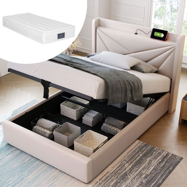 Polsterbett mit Stauraum, USB-Anschluss & Matratze, 90x200 cm, Beige