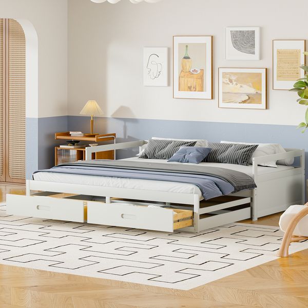 Schlafsofa aus Kiefernholz mit Ausziehbett & 2 Schubladen, 90/180x200 cm, Weiß, ohne Matratze