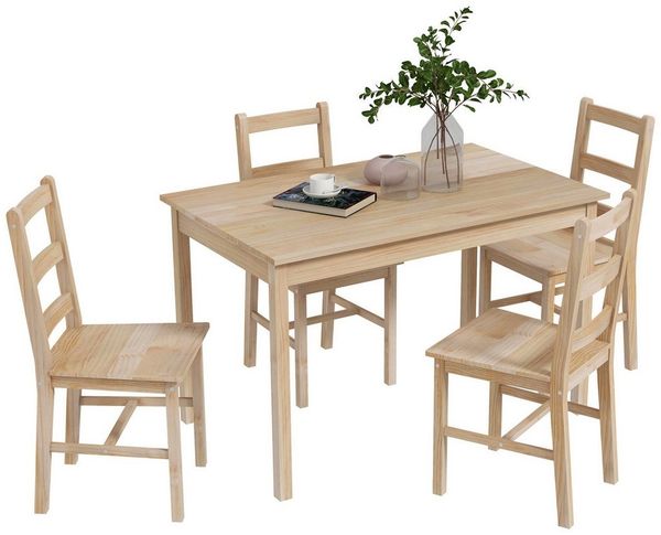 HOMCOM Essgruppe 5-teilige Esszimmergruppe aus Massivholz, (Sitzgruppe, 1-tlg, Esstisch mit 4 Stühlen), für Esszimmer, Küche, Natur