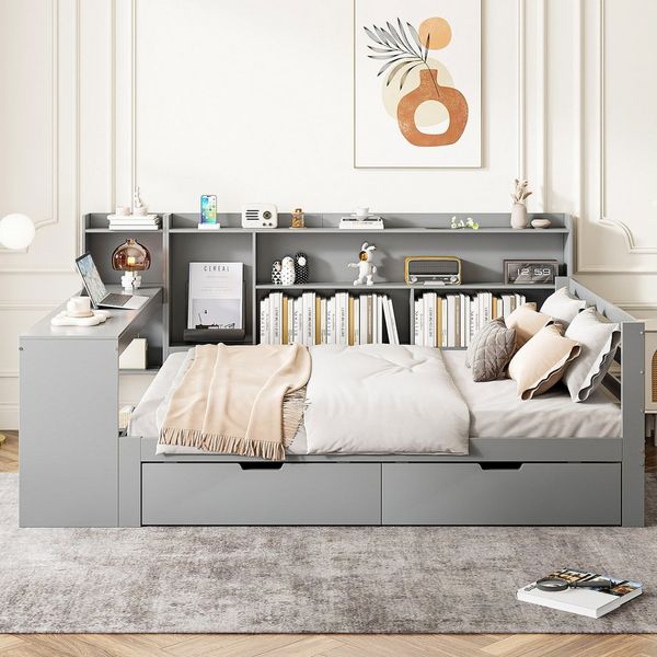 Merax Daybett mit USB-Ladeanschluss (Multifunktionales Schlafsofa Tagesbett aus Massivholz, 1 tlg), Kinderbett mit Ablagefächern, Schreibtisch und Regalen, 140x200cm