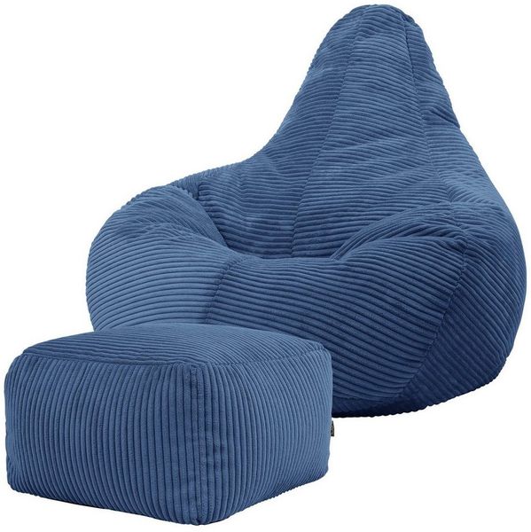 Icon Dalton Sitzsack mit Hocker Cord, Denimblau, Gaming Sitzsack Erwachsene mit Füllung, Bean Bag, Cord Sessel, Lounge Sessel, Lounge Stuhl, Schlafzimmer, Wohnzimmer, Wohnzimmer Möbel