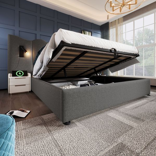 Polsterbett 180x200 cm aus Leinen mit Stauraum, drehbarer Leselampe und USB- und Type-C-Anschlüssen