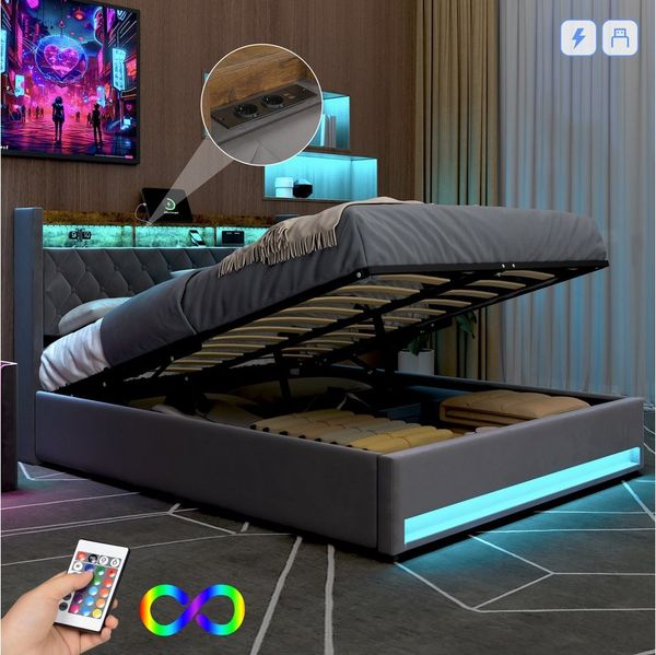 HAUSS SPOLE Polsterbett 160x200cm mit USB, 2 Steckdosen, LED-Beleuchtung Metallrahmen Grau (LED Doppelbett mit Lattenrost, Ohne Matratze), Modernes Design Jugendbett