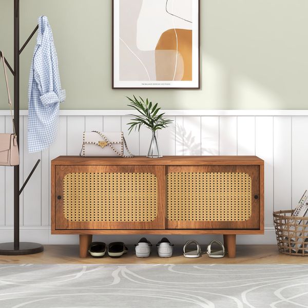Flurschrank, 104x40x48 cm, Walnuss-Schuhschrank mit Rattantüren & verstellbaren Böden