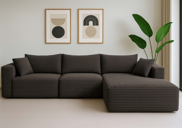 Sofa-Garnitur HWC-P20, 3-Sitzer Couch Loungesofa, Stoff/Textil Cord (370 g/m²) Liegefläche rechts ~ braun