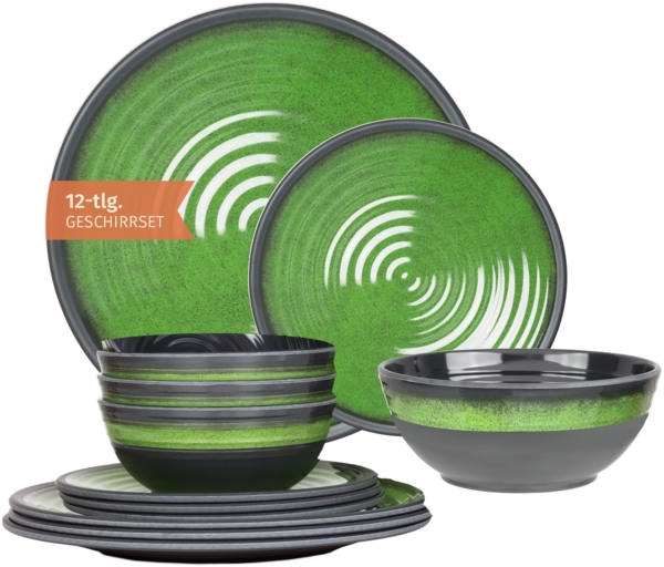 Moritz Camping Tafelgeschirr aus Melamin für 4 Personen 12-teilig | spülmaschinenfest | Picknick Geschirrset | Geschirr Campinggeschirr I Stone Green Design