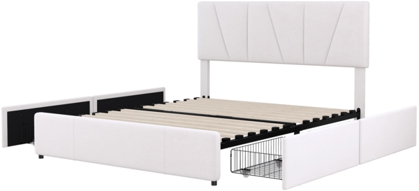 Merax Polsterbett mit höhenverstellbarem Kopfteil, 4 Schubladen & Lattenrost, Samt, 140x200 cm, Beige Bild 6