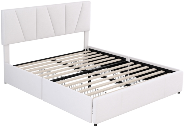 Merax Polsterbett mit höhenverstellbarem Kopfteil, 4 Schubladen & Lattenrost, Samt, 140x200 cm, Beige Bild 7