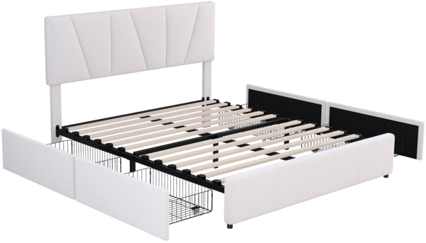 Merax Polsterbett mit höhenverstellbarem Kopfteil, 4 Schubladen & Lattenrost, Samt, 140x200 cm, Beige Bild 3