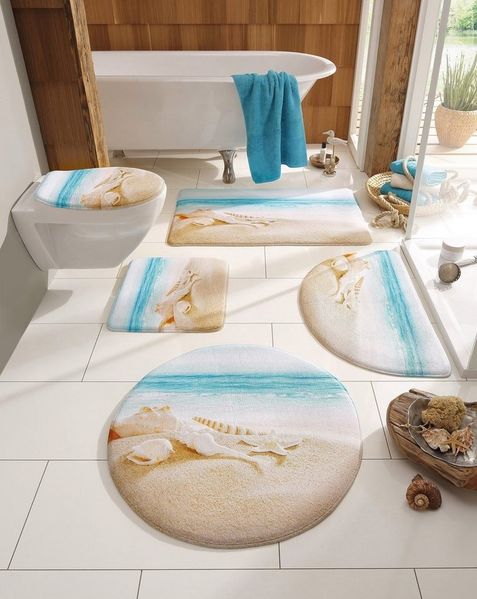 OTTO home Badematte Strand, Höhe 14 mm, Memory Schaum, schnell trocknend, fußbodenheizungsgeeignet, Kunstfaser, 2-tlg. Hänge-WC Set, mit Strand-Motiv, Badematten auch als 2 teiliges Set erhältlich