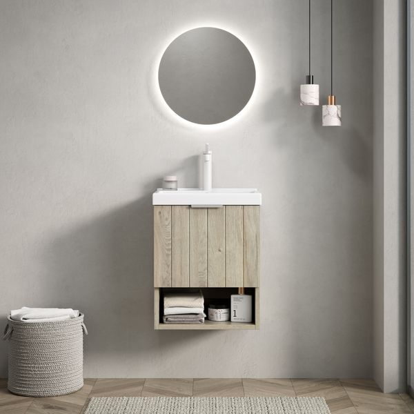Badezimmer-Waschtisch, Wandhalterung mit weißem rechteckigem Keramikwaschbecken gestreiftem Schrank mit Doppeltüren und offenem Regal, MDF/Keramik, Eiche cremefarbene Holzmaserung, 42cm