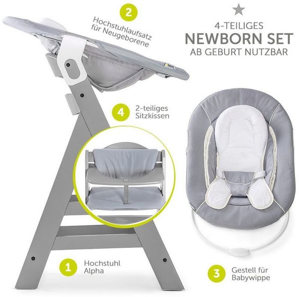 Hauck Hochstuhl Alpha Plus Grey Newborn Set (Set, 4 St), Holz Babystuhl ab Geburt inkl. Aufsatz für Neugeborene & Sitzauflage