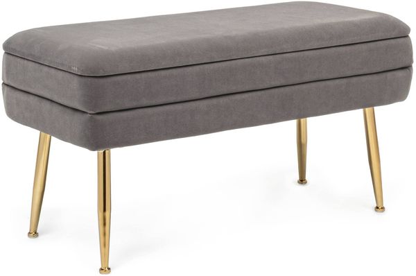 Bank Lipavna aus Samt, modern mit Stauraum, 80 cm, grau mit goldfarbenem Gestell