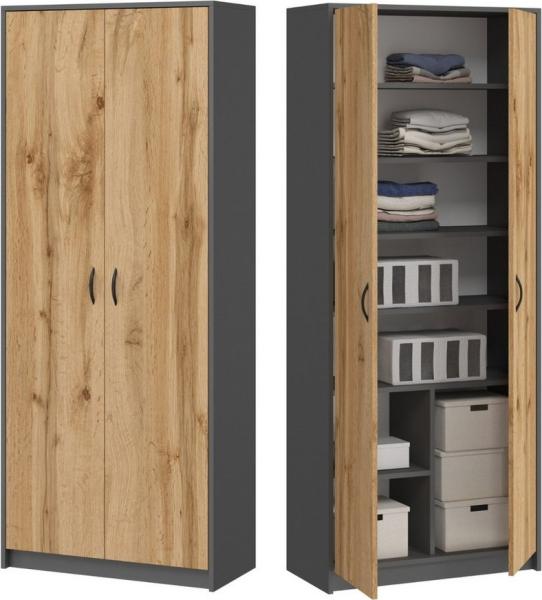 Home Collective Mehrzweckschrank Kleiderschrank Regal 74cm breit 180cm hoch Aktenschrank mit sechs Einlegeböden und Extra-Fach, Haushaltsschrank in grau