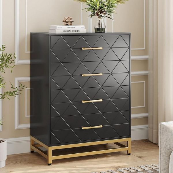 GarveeMore Kommode mit 4 Schubladen für das Schlafzimmer, Holzkommode mit goldenen Griffen,92x60.5x40cm