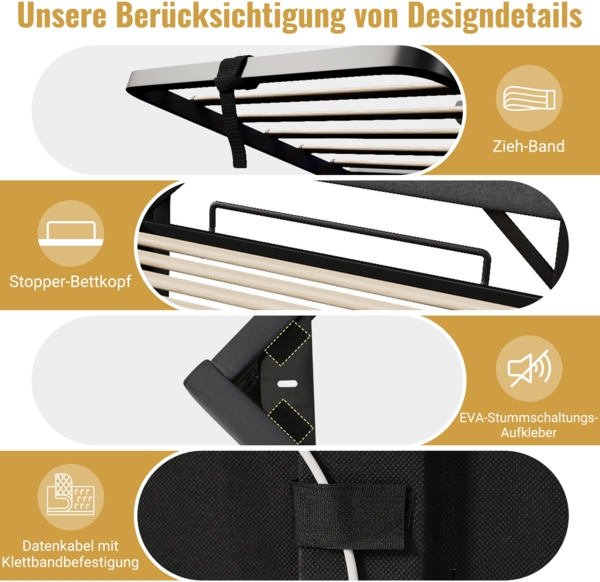 Polsterbett Betten mit Hydraulisch Stauraum, USB und Typ C-Port, LED-Funktion, Beige,180*200cm,mit Matratze Bild 8