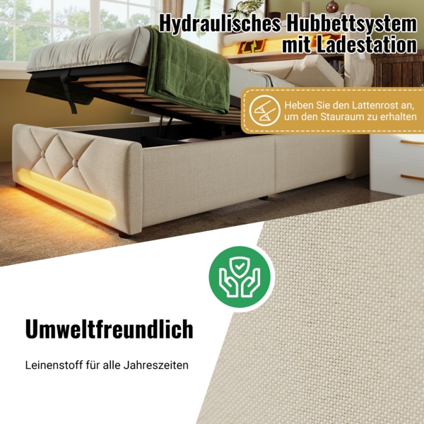 Polsterbett Betten mit Hydraulisch Stauraum, USB und Typ C-Port, LED-Funktion, Beige,180*200cm,mit Matratze Bild 7