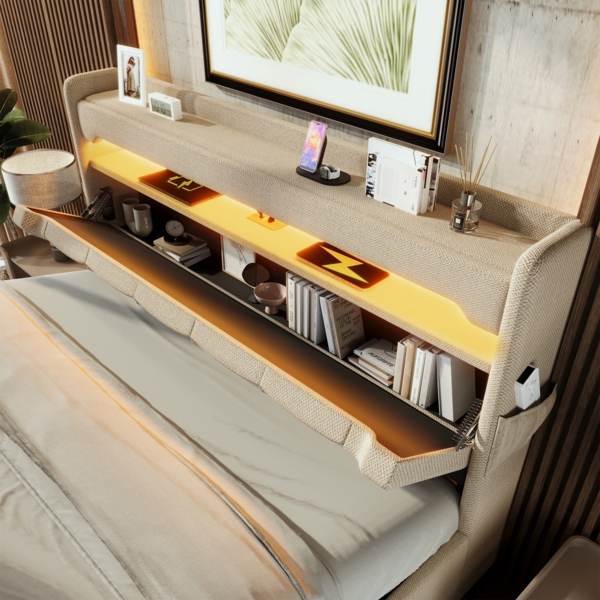 Polsterbett Betten mit Hydraulisch Stauraum, USB und Typ C-Port, LED-Funktion, Beige,180*200cm,mit Matratze Bild 4