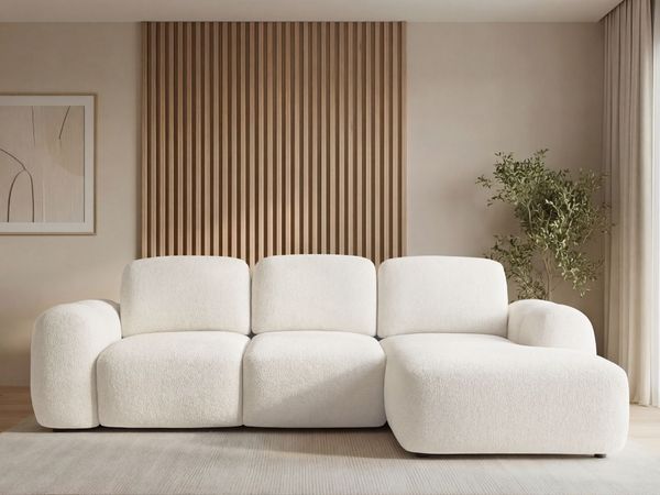 GRAINGOLD Ecksofa Avelin, Eckcouch für Wohnzimmer, L-Form mit Schlaffunktion und Bettkasten, Bouclé-Stoff, Creme, Rechts