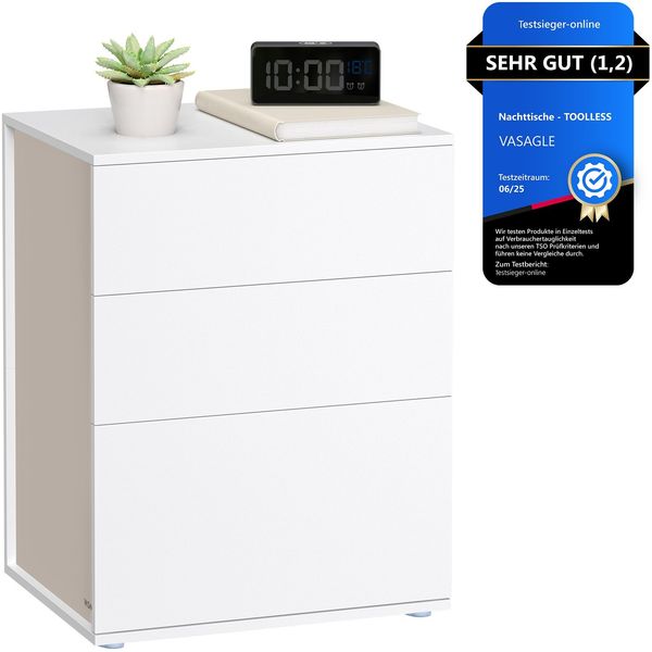 Vasagle Nachttisch, Beistelltisch 3 Schubladen, Nachtschrank modern, Schlafzimmer, Wohnzimmer, Mattweiß-cappuccinobeige Bild 3