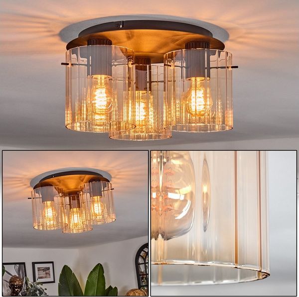 hofstein Deckenleuchte Deckenlampe aus Metall/Glas in Schwarz/Bernsteinfarben, ohne Leuchtmittel, Leuchte im Retro/Vintage-Design mit Glasschirmen (14 cm), 3 x E27