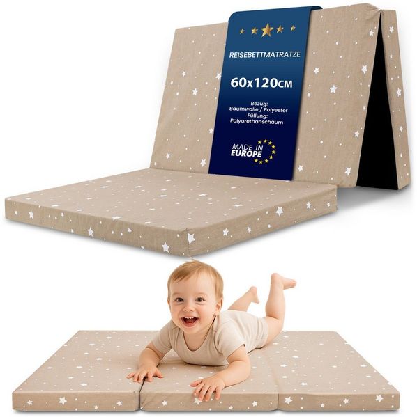 Klappmatratze faltbare Reisebett Baby Matratze 60x120 cm - Faltmatratze für Kinder Gästematratze klappbar Babymatratze Bodenmatratze Schlafmatratze und Reisematratze 60x120 cm Beige mit Weiß Sternen