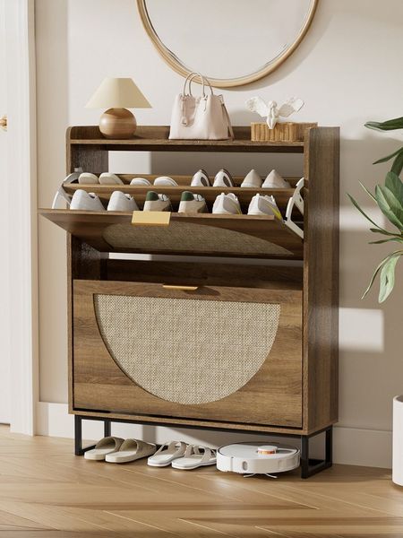 FiveWillowise Schuhschrank Schmal, Schuhaufbewahrung, Schuhablage & Schuhkommode (1-St) Rattan Schuhregal mit 2 Klappen, 80 x 24 x 101 cm