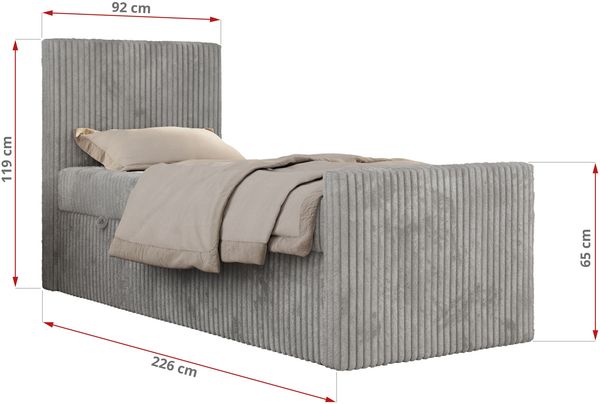 Boxspringbett 90x200 TILIO DUO inkl. Bettkasten & 7-Zonen Multipocket-Matratze, Modernes Jugendbett, Einzelbett - Hellgrau Cord - H4 - Rechts Bild 5
