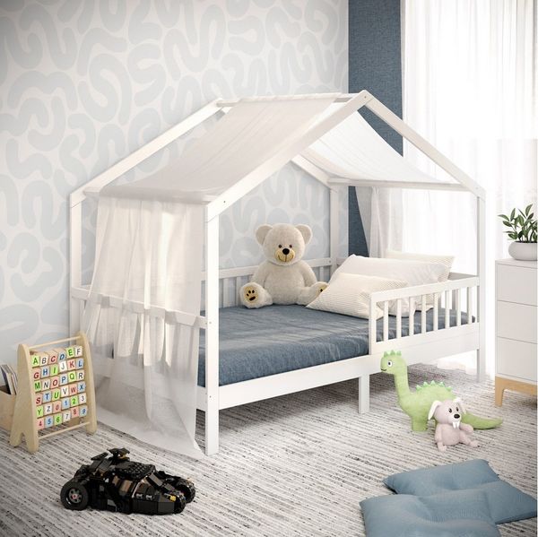 CADANI Kinderbett Hausbett Davi (Rausfallschutz abnehmbar), Bodenbett Hausbett mit Roll-Lattenrost