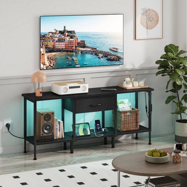 OYRREU TV-Schrank 120cm, Fernsehschrank mit LED-Beleuchtung, Steckdosen & USB App-gesteuerte Mehrfarben-LED-Beleuchtung