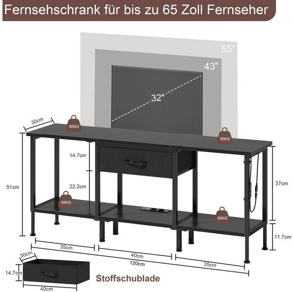 OYRREU TV-Schrank 120cm, Fernsehschrank mit LED-Beleuchtung, Steckdosen & USB App-gesteuerte Mehrfarben-LED-Beleuchtung